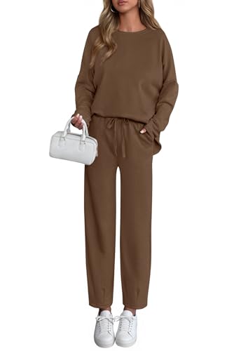 PRETTYGARDEN Womens 2 Piece Matching Lounge Sets 2025 Fall Long Sleeve Boatneck Sweatsuit Drawstring Sweatpants Pockets