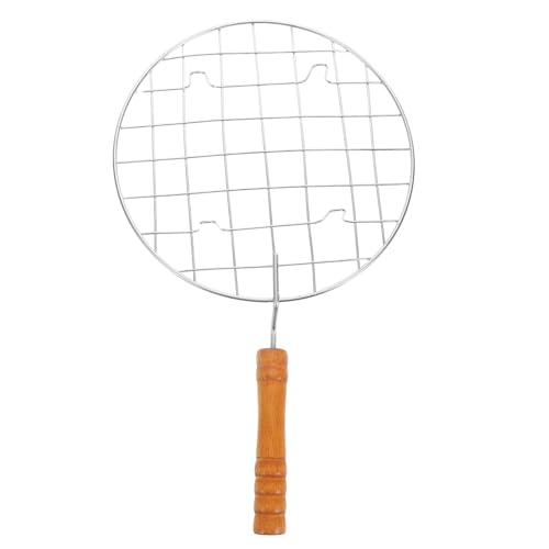 FOYTOKI Stainless Steel BBQ Grill Net Round Mesh BBQ Holder with Wooden Handle Grilling Baskets for Outdoor Cooking