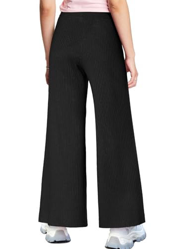 Image of Haloumoning Girls Solid Rib Knit Wide Leg Pants Elastic Waist Flowy Casual Sweater Pants 5-14 Years