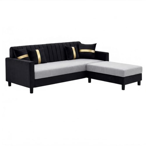 Image of CASASTYLE Korion 4 Seater L Shape Sofa Set with Movable Ottoman | Flexible Left or Right Layout | Cozy Velvet Fabric | Soft Touch Seating | Modern Designer Sofa for Living Room (Black-Light Grey)