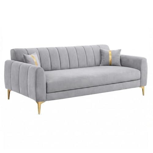 Image of Hermione Luxe Velvet-Suede Fabric 3 Seater + 1 Seater + 1 Seater Sofa Set | Golden Legs | Comfortable & Spacious Seating | Modern Sofa Set for Living Room - Light Gray