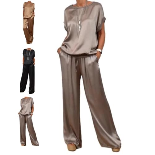 Women's Spring Casual Solid Color Satin 2 Piece Suit, Women's Satin Two Piece Suit, Short-Sleeved Top Wide-Leg Pants