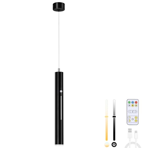 Lightsjoy Lampada a Sospensione 5000mAh, Lampadario Camera da Letto Ricaricabile Con Telecomando, Dimmerabile 3000K-6000K, Lampadario Soffitto Nero con Sensore di Movimento Per Soggiorno Cucina 30cm