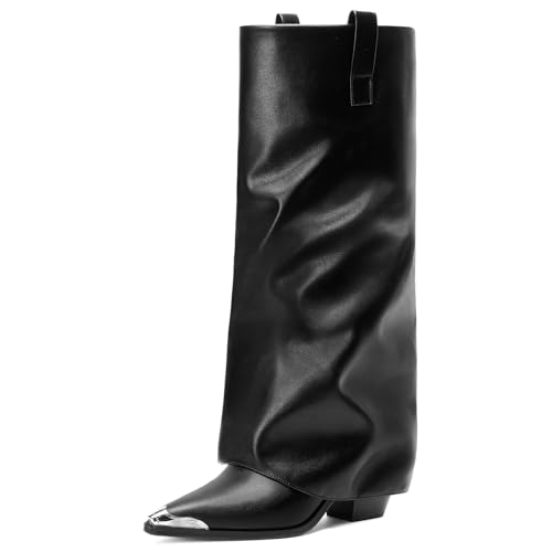 Womens Fold Over Boots Knee High Metal Pointed Toe Chunky Heel Pull On Fall Long Dress Shark Boots