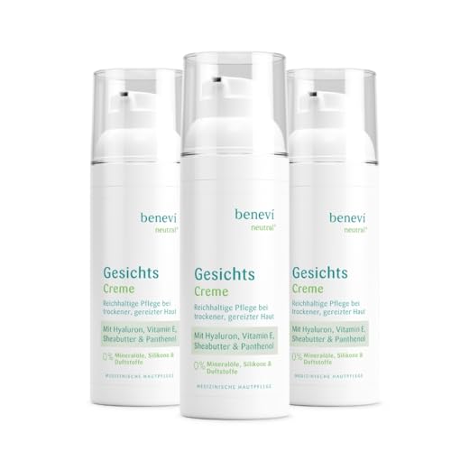 benevi Gesichts-Creme 3 x 50ml reichhaltige Pflege für empfindliche und irritierte Haut - zur Pflege der trockenen und zu Neurodermitis neigenden Haut - Hyaluron Panthenol Sheabutter pH-hautneutral
