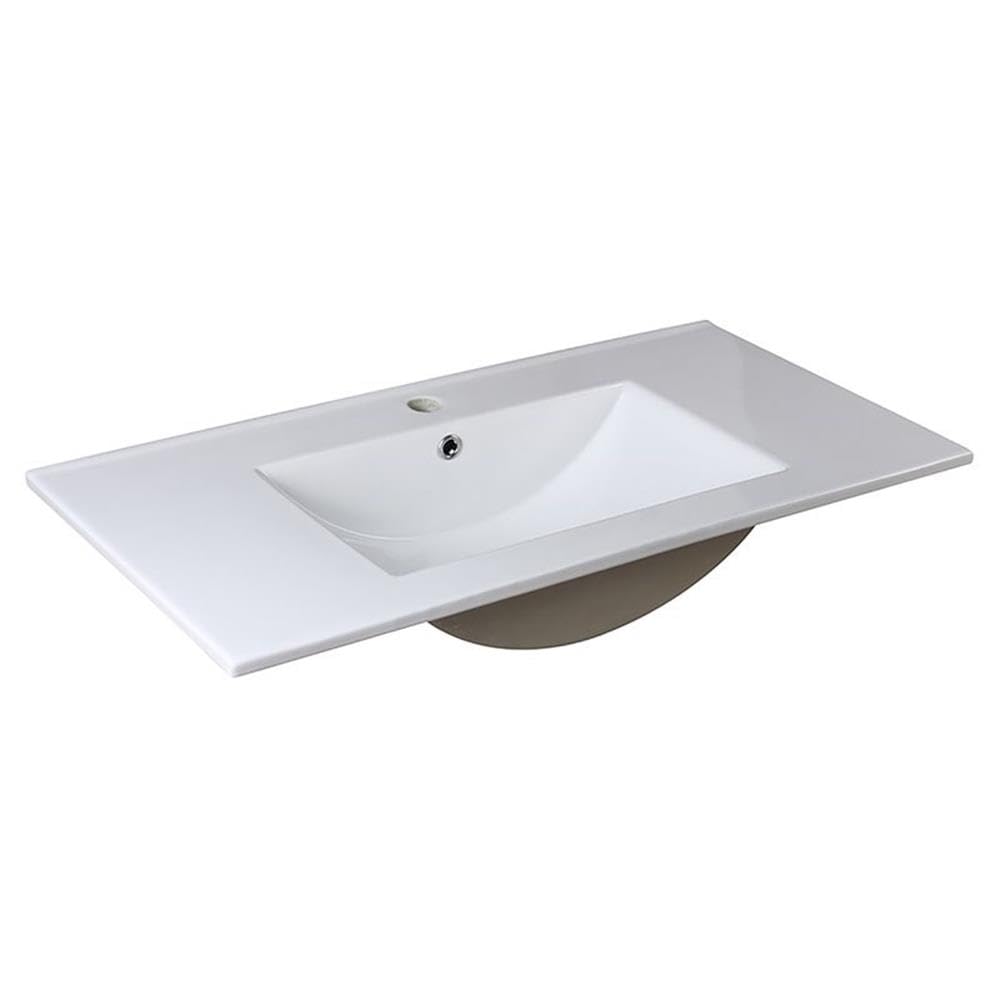 Fresca Allier 36 Inch White Bathroom Countertop Sink with Single Hole Drain and Single Hole Faucet - Ceramic, Rectangular - Faucet Not Included - FVS8136WH
