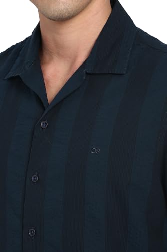 Image of Peter England Men's Casual Half Sleeve Resort Collar Shirt in 100% Cotton Seersucker with Striped Design