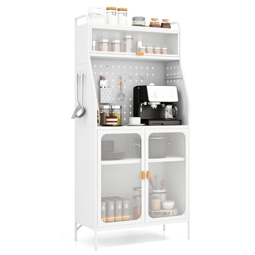 Aparador de cocina independiente, armario de buffet, almacenamiento de despensa con encimera, puerta abatible, estante ajustable, tablero de clavijas y ganchos, diseño antivuelco para comedor