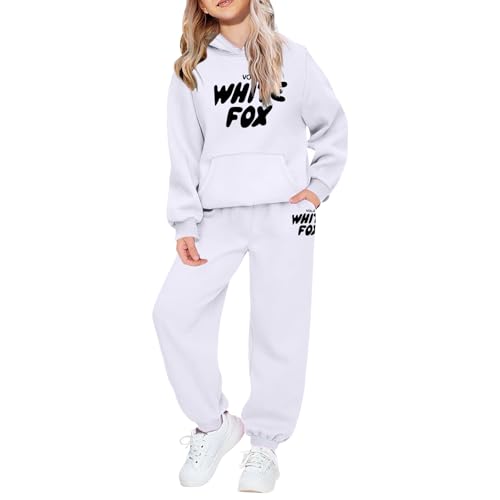 Girls Boys Kids Tracksuit Hoodie Full Set 2 Piece Trendy Letter Graphic Long Sleeve Sweatshirt and Trousers Casual Soft Warm Oversized Y2k Hoodies Outfit Activewear (UK, Numeric, 140, White)