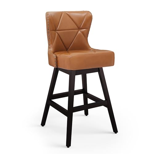 Image of Cozyman Counter Height Bar Stools, 30 inch H Swivel Bar Stool with Back, Faux Leather Counter Stool, Solid Wood Legs, Retro Upholstered Barstools for Kitchen Island, Home Bar, Pub, Yellowish-Brown