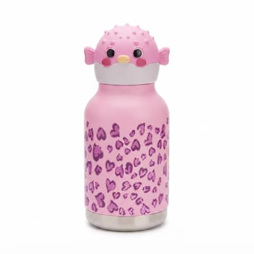 Image of JOUET Kids Stainless Steel Water Bottle 280ml with Cute Pink Fish Character Lid, Leakproof Drinking Bottle for School, Travel & Daily Use