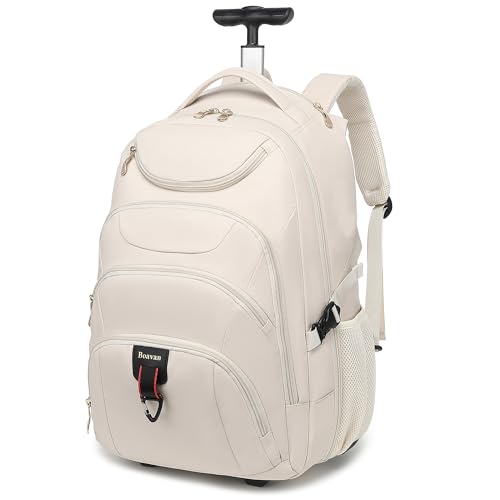 Boavan Rolling Backpack for Women, 17.3 Inch Wheeled Laptop Backpack,Large Travel Carry-On Bag for Teachers College Students, USB Charging Port Waterproof Business for Airplane Overnight Luggage,Beige