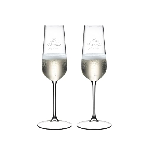 Riedel Personalized Grape Champagne Flutes, Set of 2 Custom Engraved Crystal Champagne Glasses for Wedding, Anniversary, Accessories and Gifts for the Bride and Groom