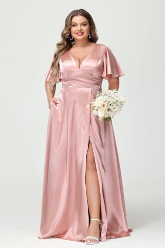 Noras dress Women's V Neck Bridesmaid Dresses with Slit Ruffle Sleeves Satin Plus Size 2025 Formal Dress NO0913