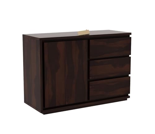 Image of SHIKHA WOOD CRAFT Solid Sheesham Wood Sideboard Cabinet with 3 Drawers and 1 Door Storage | Multipurpose Wooden Chest of Drawers Furniture for Bedroom, Home, Living Room, and Office (Walnut Finish)