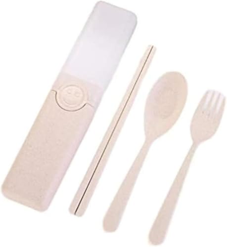 3セット 箸 スプーン フォーク セット コンビセット 収納ケース付 小麦わら お弁当 アウドドア 通勤 通学 携帯便利 ランチセット 、スプーン、フォーク、箸の3点セット、アウトドア旅行小麦食器、ポータブル (Beige)