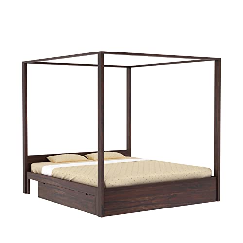 Image of Solid Sheesham Wood Queen Size Poster Bed 2 Drawer Storage for Bed Room Living Room Home Wooden Double Bed Palang Solid Wood Bedroom Furniture for Hotel (Walnut Finish)