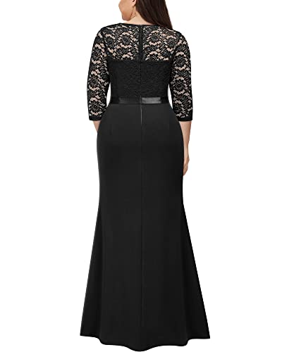 Miusol Women's Plus Size Vintage Formal Floral Lace Ruffle Slit V Neck Evening Party Elegant Maxi Dress2