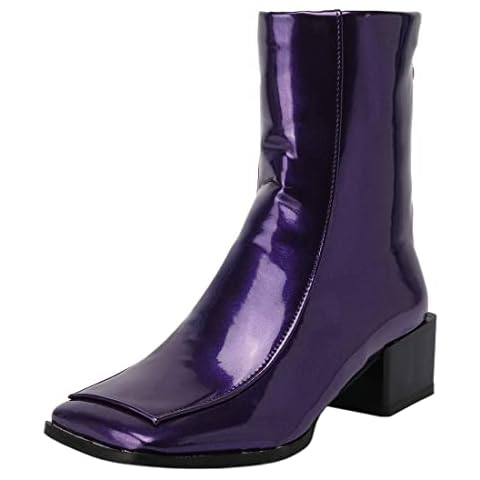 Cozivwaiy Women Square Toe Ankle Boots Block Low Heel Short Boots Back Zip Dress Boots Faux Patent Purple Size 43 Asian Cover