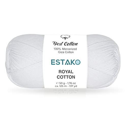 Image of Estako Royal Cotton, 100% Mercerized Giza Cotton Yarn, Soft, Super Fino 1 for Crochet and Knitting 1.76 Oz (50g) / 137 Yrds (125m) (5050 - White)