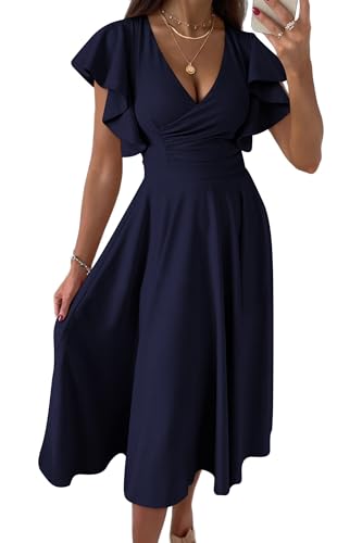 PRETTYGARDEN Summer Midi Dress 2025 Spring Ruffle Sleeve V Neck Cocktail Wedding Guest A Line Fit and Flared Dresses (Navy,Medium)