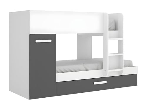 DEKIT GRUPO RIMOBEL TOM - Cama trem con armario y cama arrastre - Blanco/Grafito - 150 x 244 x 112