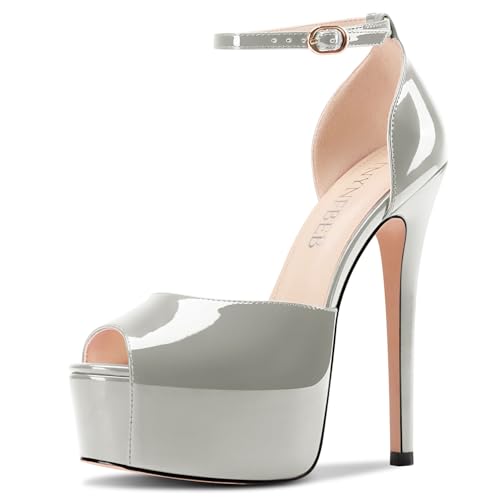 Image of TNYNFBEB Womens Stiletto High Platform Heel Peep Open Toe Sandals Ankle Strap Buckle Prom Party Dress Patent Leather 6.1 Inches Heels