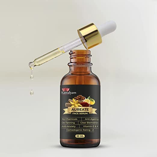 Kaivalyam Aureate® Face Serum – With Pure Almond Oil, Real Saffron, Sandalwood, Lemon & Ylang-Ylang | Anti-Ageing, De-Tanning, Clear Blemishes, Vitamin E & K | 30 ml