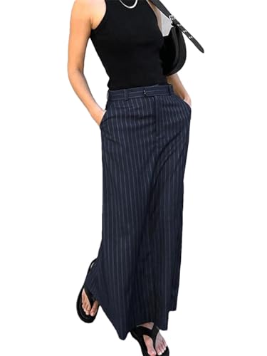 Women Office Zipper Long Skirts Stripe Straight Skirt Casual Twill High Waist Skirts