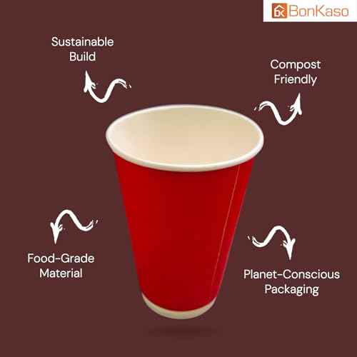 Image of BonKaso 480ml Double Wall Disposable Beer Glasses | Premium Ripple Cups for Hot & Cold Beverages | Leak-Resistant Insulated Paper Cups for Events, Cafes, Parties - Red - Pack of 25