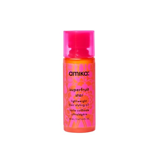 amika superfruit star lightweight hair styling + heat defense oil, 20ml | heat protection, strengthen + reduce breakage, smooth frizz, add glossy shine