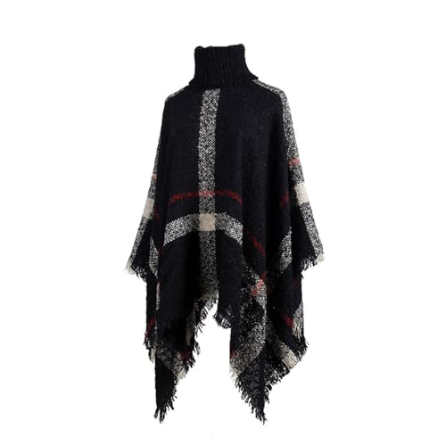 Womens Fall Winter Warm Poncho Cape Casual Striped Shawl Wraps Mock Turtleneck Knitted Pullover Sweater with Tassels3