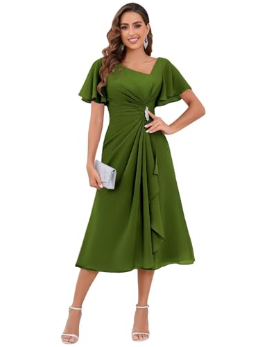 VGZ Tea Length Mother of The Bride Dresses for Wedding Chiffon Ruffle Sleeve Mother of The Groom Dress