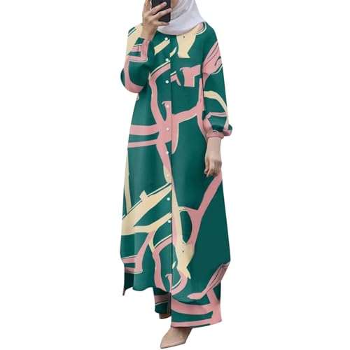 Sonne Muslimische 2-teilige Sets für Damen, Langarm-Button-Down-Hemd Hose, Abaya, Freizeitkleid, Dubai-Outfits Spitzenrock (Green, XL) Sonne Muslimische 2-teilige Sets für Damen, Langarm-Button-Down-Hemd Hose, Abaya, Freizeitkleid, Dubai-Outfits Spitzenrock (Green, XL)