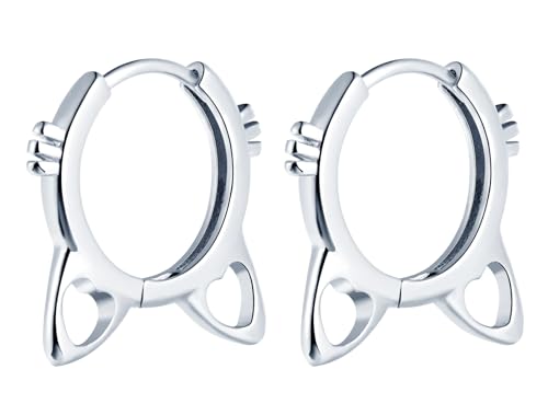 Yumilok Boucles d'oreilles en Argent 925 Femmes Filles Bagues d'oreilles en Forme de Chat Mignon Créoles Créatives de Diamètre de 1cm Couleur d'argent
