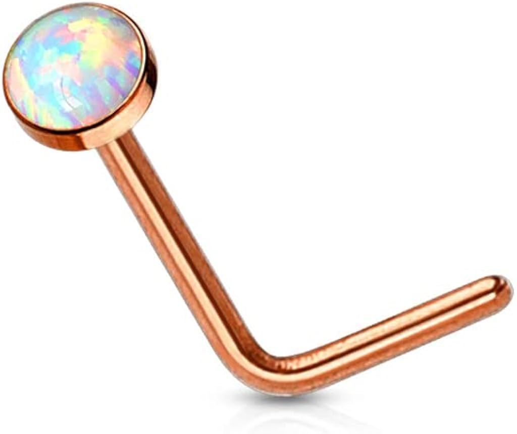 Miniatura 2 de FIFTH CUE Juego de ópalo sintético 20G PVD superior plano sobre acero quirúrgico 316L L bend Stud nariz anillos, Metal, ópalo creado