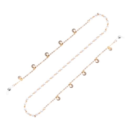 MALUGOGO Correa de aleación dorada para gafas con función antideslizante, cadena de gafas con colgante de concha de perlas para mujer, para deportes y ciclismo