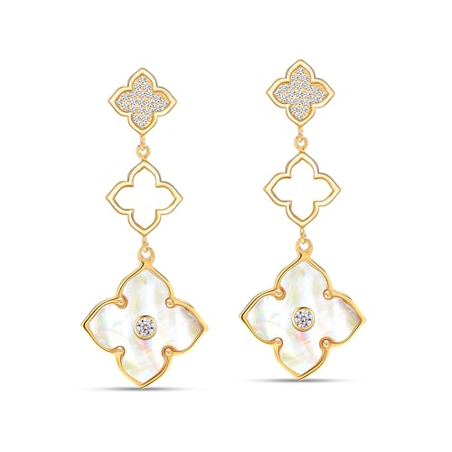 LeCalla 925 Sterling Silver Drop Earrings | Mother of Pearl Clover Earring | Mother of Pearl Stud Earring | Zirconia MOP Drop Dangle Hoop Earrings for Women