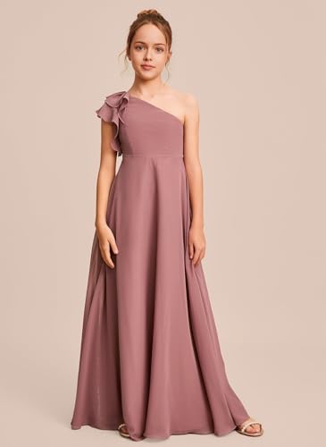 One Shoulder Junior Bridesmaid Dresses with Pockets A Line Ruffles Chiffon Long Flower Girl Dress for Wedding3