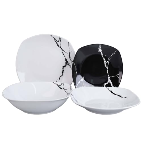 Service de vaisselle 19 pièces pour 6 personnes | Porcelaine blanche et noire, design moderne marbré élégant | usage quotidien, occasions spéciales,...