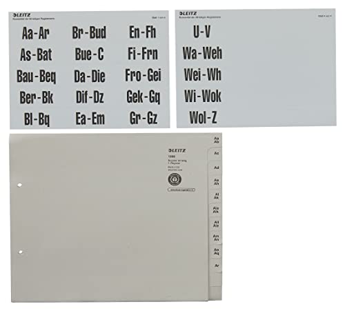 Leitz Register, Trennblätter mit Taben und alphabetischem Aufdruck A-Z für 50 Ordner, Halbe Höhe und Überbreite, Grau, 100% recyceltes Papier, Blauer Engel Siegel, 13500085