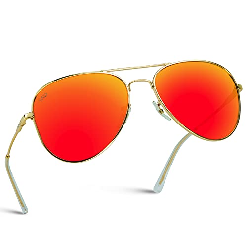 WearMe Pro - Polarized Metal Frame Pilot Style Aviator Sunglasses (Gold Frame/Mirror Red/Orange Lens, 60)