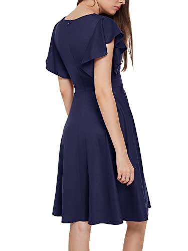 Dghbvs Modest Vintage Semi Formal Party Dresses For Women Sexy Wrap V Neck Ruffle Sleeve A Line Office Work Midi Dress(Xxl,10791-Navyblue) #TOP1
