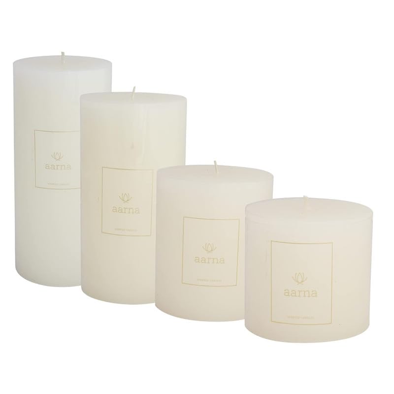 Aarna Off-White Pillar Candles | Dripless | Smokeless | Odourless | Off-White Candles for Decoration | Burning Time- 30 Hours, Size- 3 by 3 Inches | Jasmine Scented-image-44