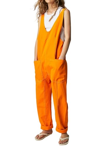 FZKun Peto Vaquero Para Mujer - Informal Escote En V Corte Holgado Tirantes Ajustables Pantalones Vaqueros Con Bolsillos Mono Cargo Con Piernas Rectas Tirantes Rompers (S,Naranja)