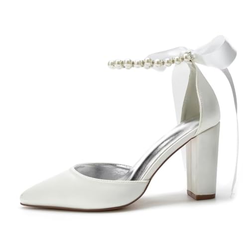 Image of Pearl Wedding Shoes for Bride Chunky Heel Poined Toe Wedding Block Heels Prom Evening Pumps