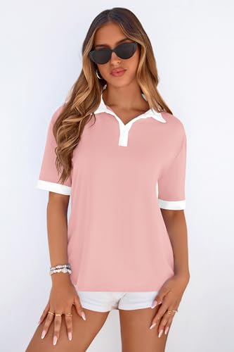 PRETTYGARDEN Summer Short Sleeve Polo Shirts for Women Collared V Neck Work Dressy Tops Knit Loose Business Casual Outfits(Pink,XX-Large) — view 3