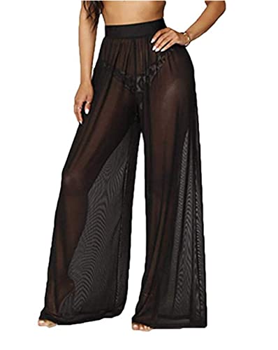 Women Sexy See Through Sheer Mesh Loose Bottoms, Swimsuit Bikini Cover Up, High Waist Wide Leg Pant