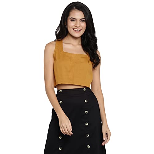 Image of DEEBACO Women's Regular Fit Cotton Pintuck Round Neck Solid Crop Top for Women Stylish Sleeveless One Piece Casual Girl Tops (White, Pink, Mustard)