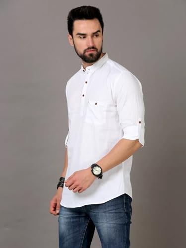 Image of DEEMOON Men's Cotton Blend Full Sleeve Short Kurta with Mandarin Collar Crafted from a Premium Cotton Blend